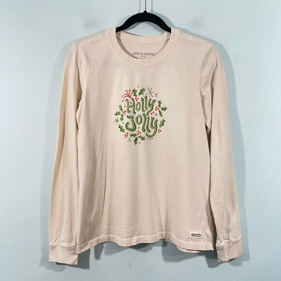 Life Is Good Women Beige "Holly Jolly" Christmas Long Sleeve Crusher Tee Size M - Picture 1 of 9